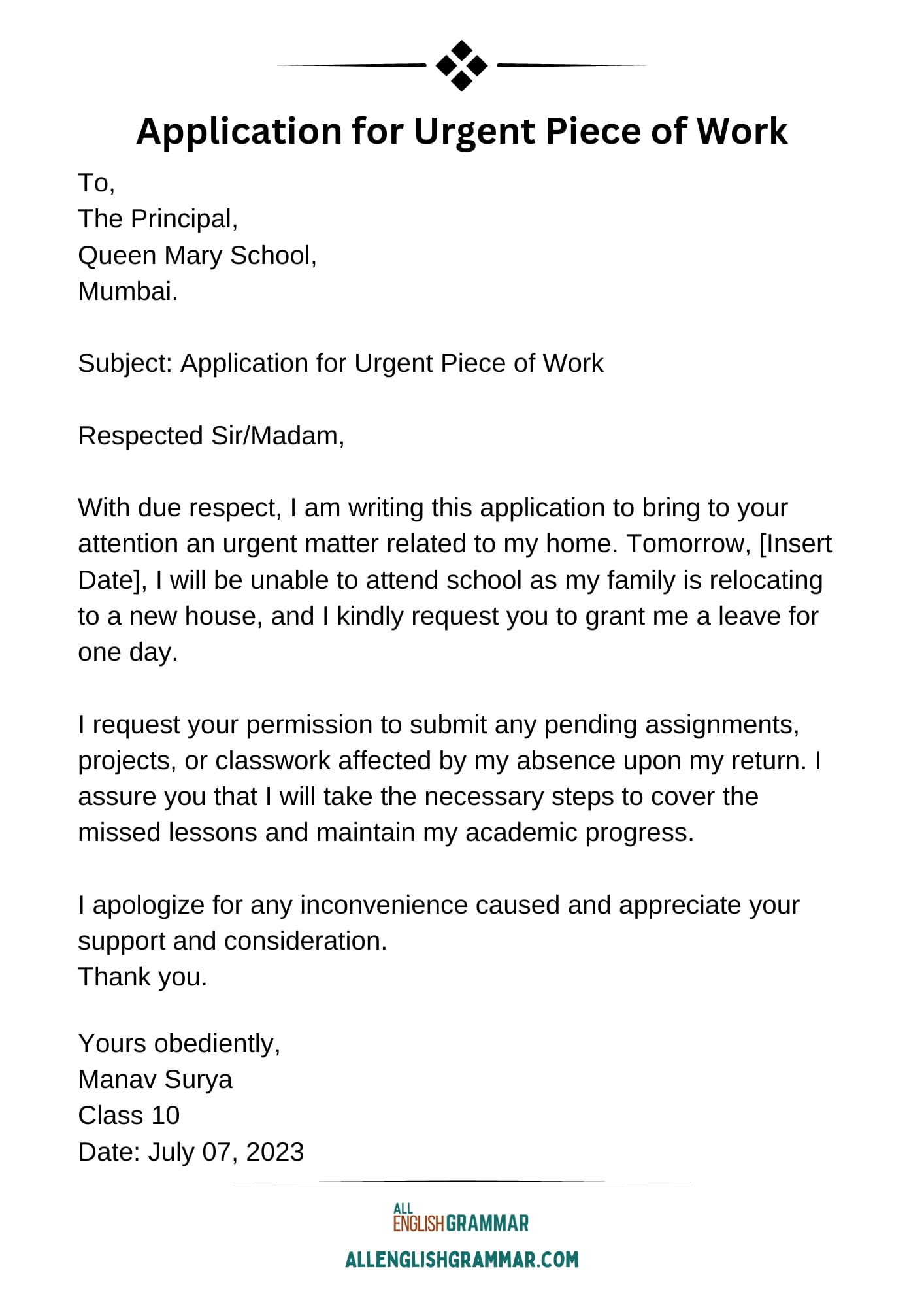 Leave Application for Urgent Piece of Work