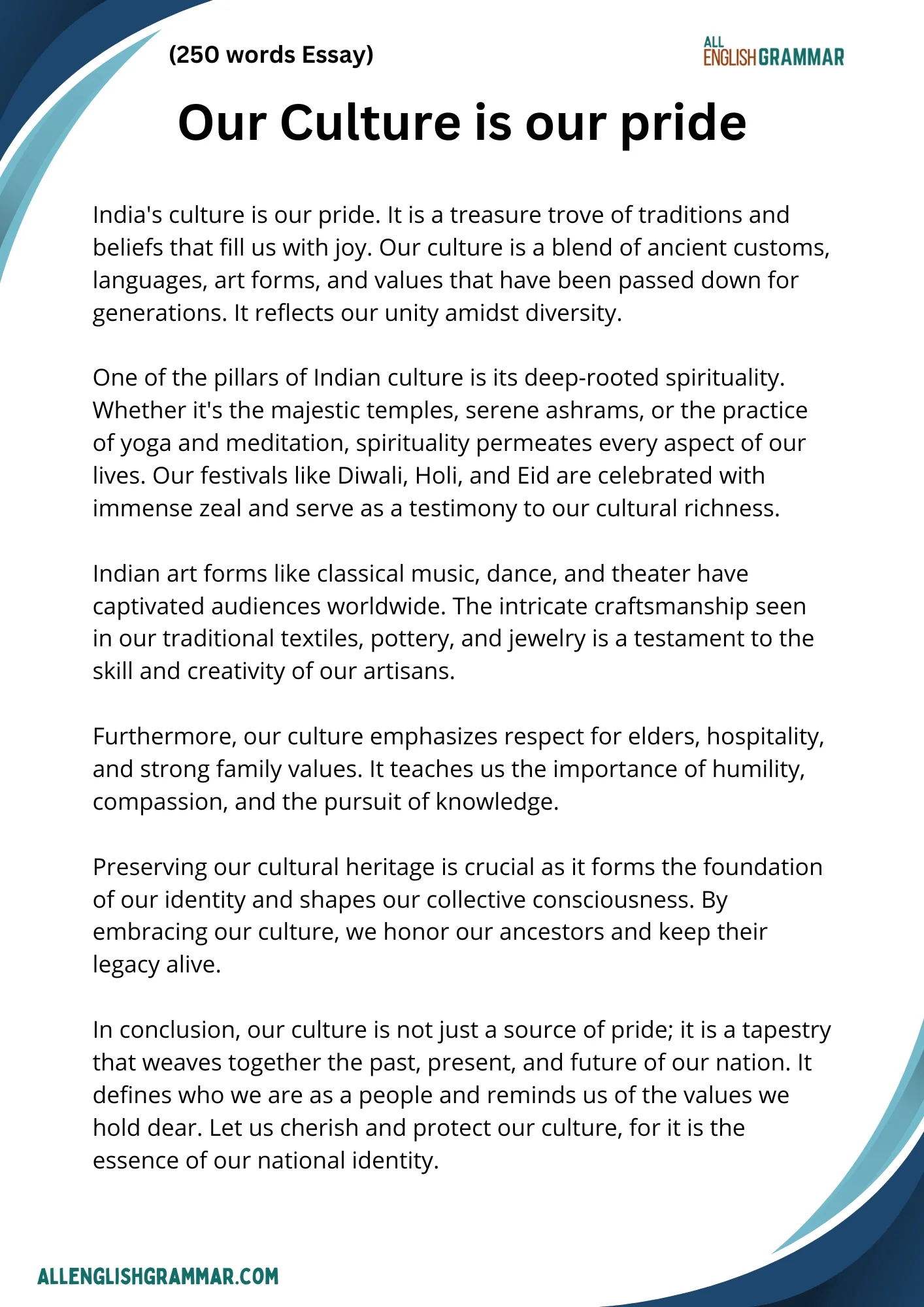 Our Culture is Our Pride Essay 250 Words
